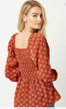 Load image into Gallery viewer, Rust Smocked Peplum Top
