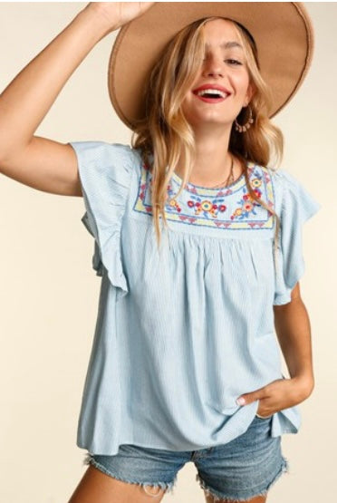Denim Floral Embroidered Blouse