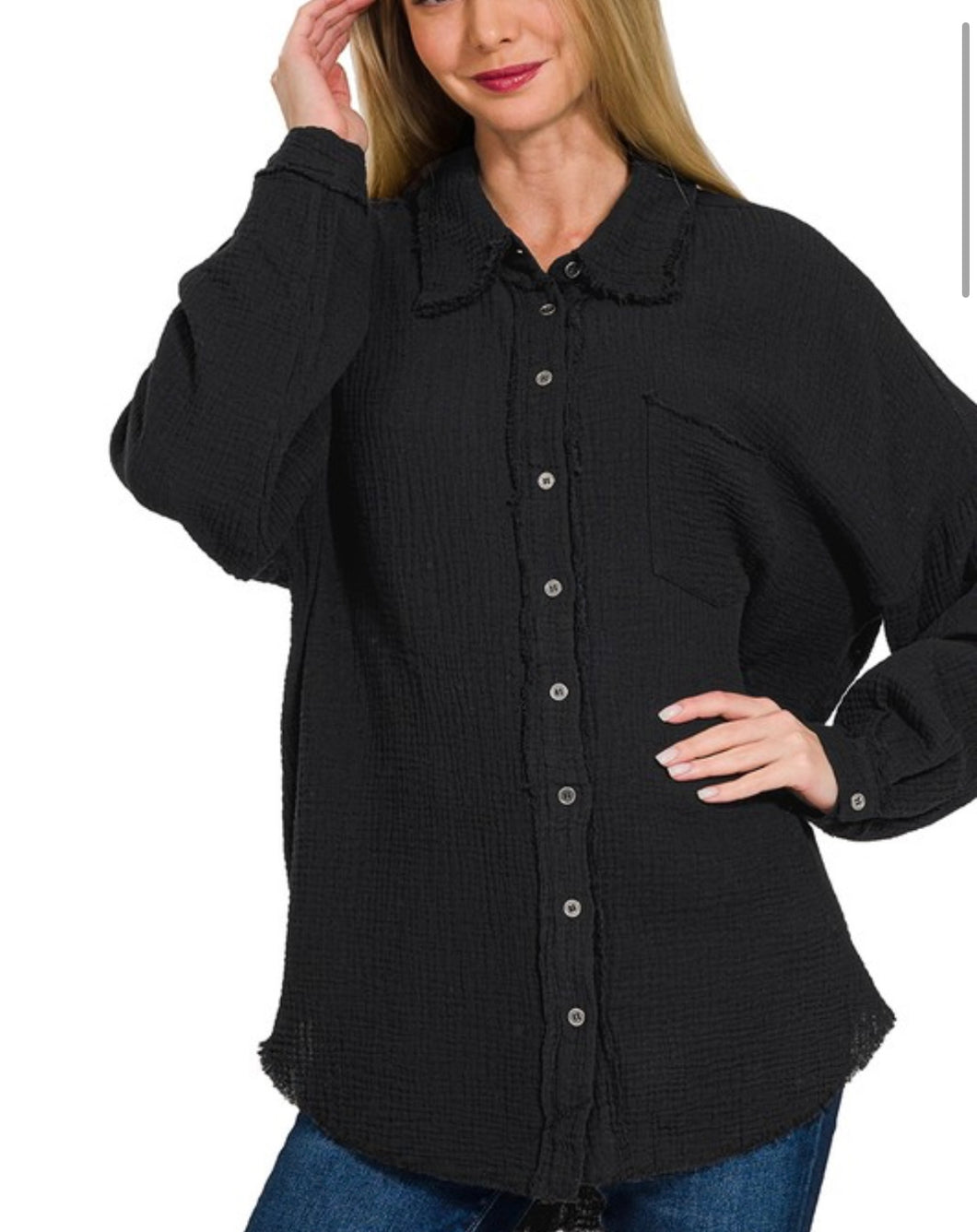 Black Oversized Raw Edge Button Down