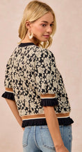 Load image into Gallery viewer, Textured Rose Knit Top Contrast Banded Puff Sleeve
