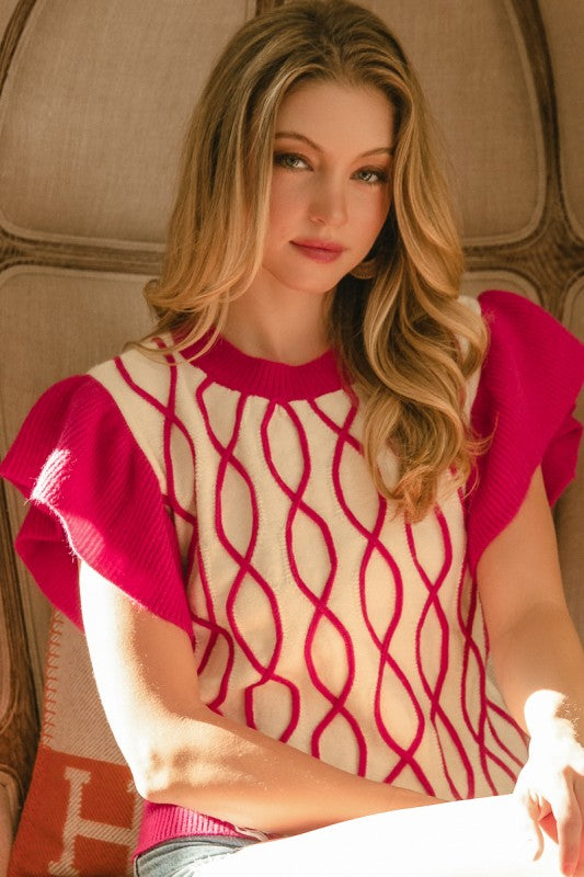 Ivory and Fuchsia Ruffled Sleeves Knit Top