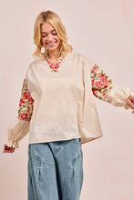 Load image into Gallery viewer, Cream Solid Woven Top With Embroidery Block Ruffled Edge
