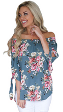 Load image into Gallery viewer, Blue Floral Off the Shoulder Top
