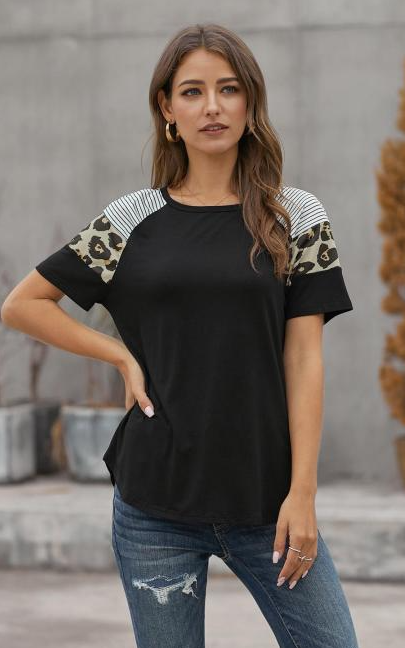 Black Striped Leopard Print Tee