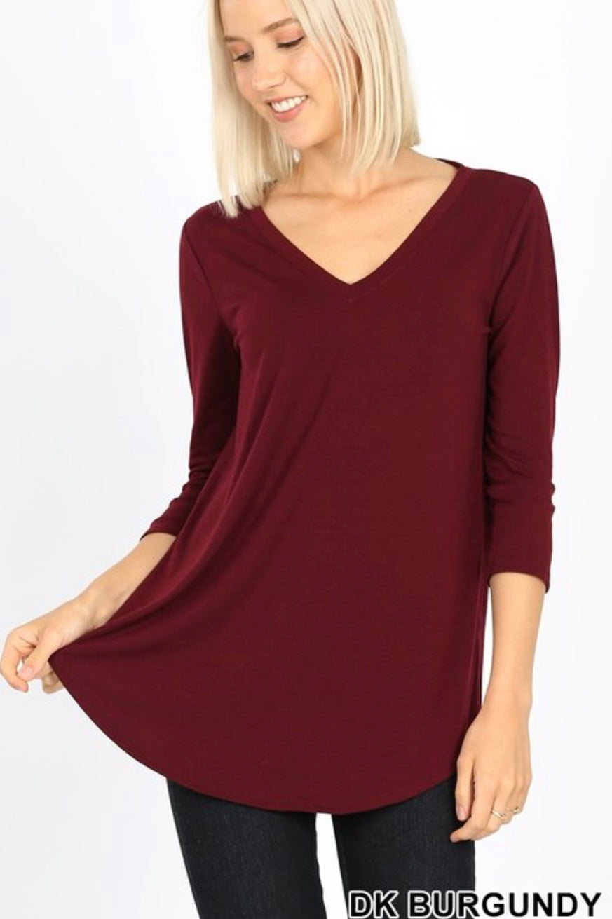 Burgundy  3/4 Sleeve V Neck