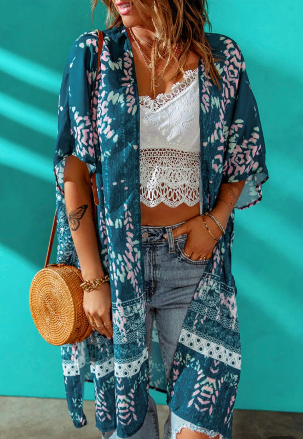 Teal Color Printed Kimono
