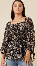 Load image into Gallery viewer, Black Floral Chiffon Smocked Top

