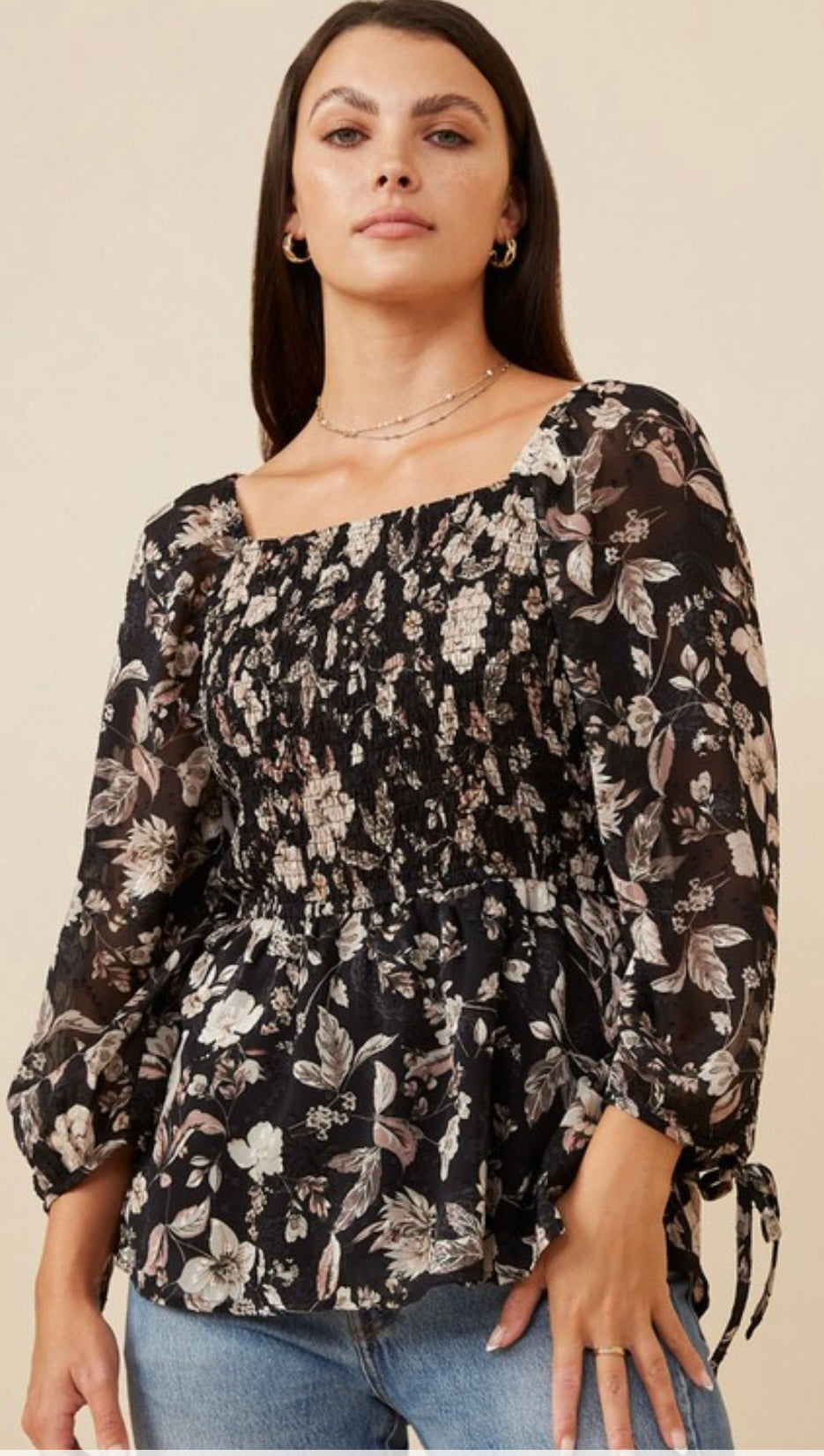 Black Floral Chiffon Smocked Top