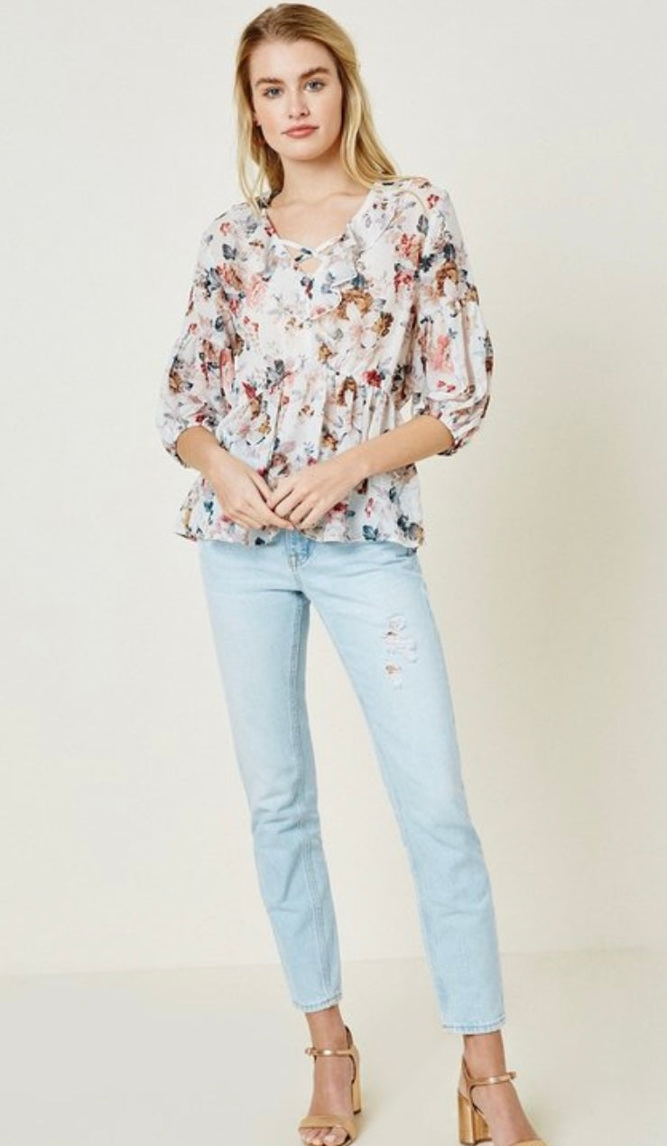 Cream Floral Peplum Top