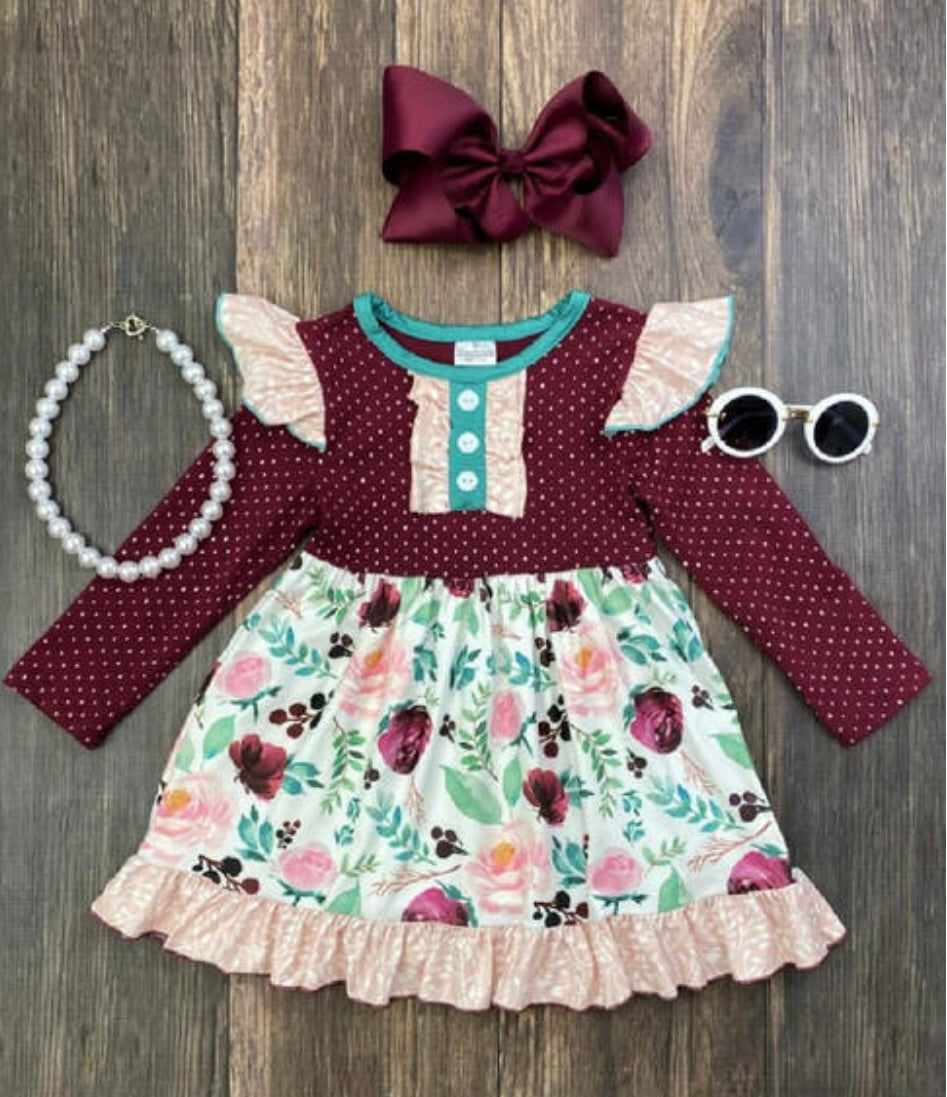 Girls Wine and Floral Dress