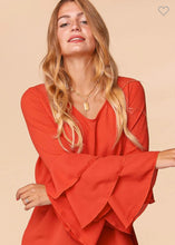 Load image into Gallery viewer, Rust V-Neck Tiered Ruffle Detail Sleeve Top
