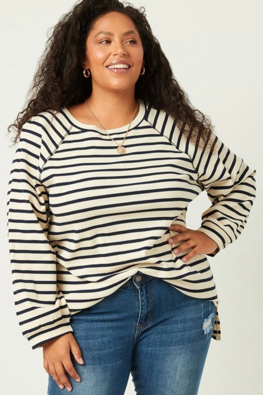 Waffle Striped Long Sleeve Top