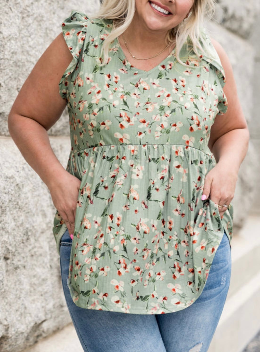 Mint Floral VNeck Tank