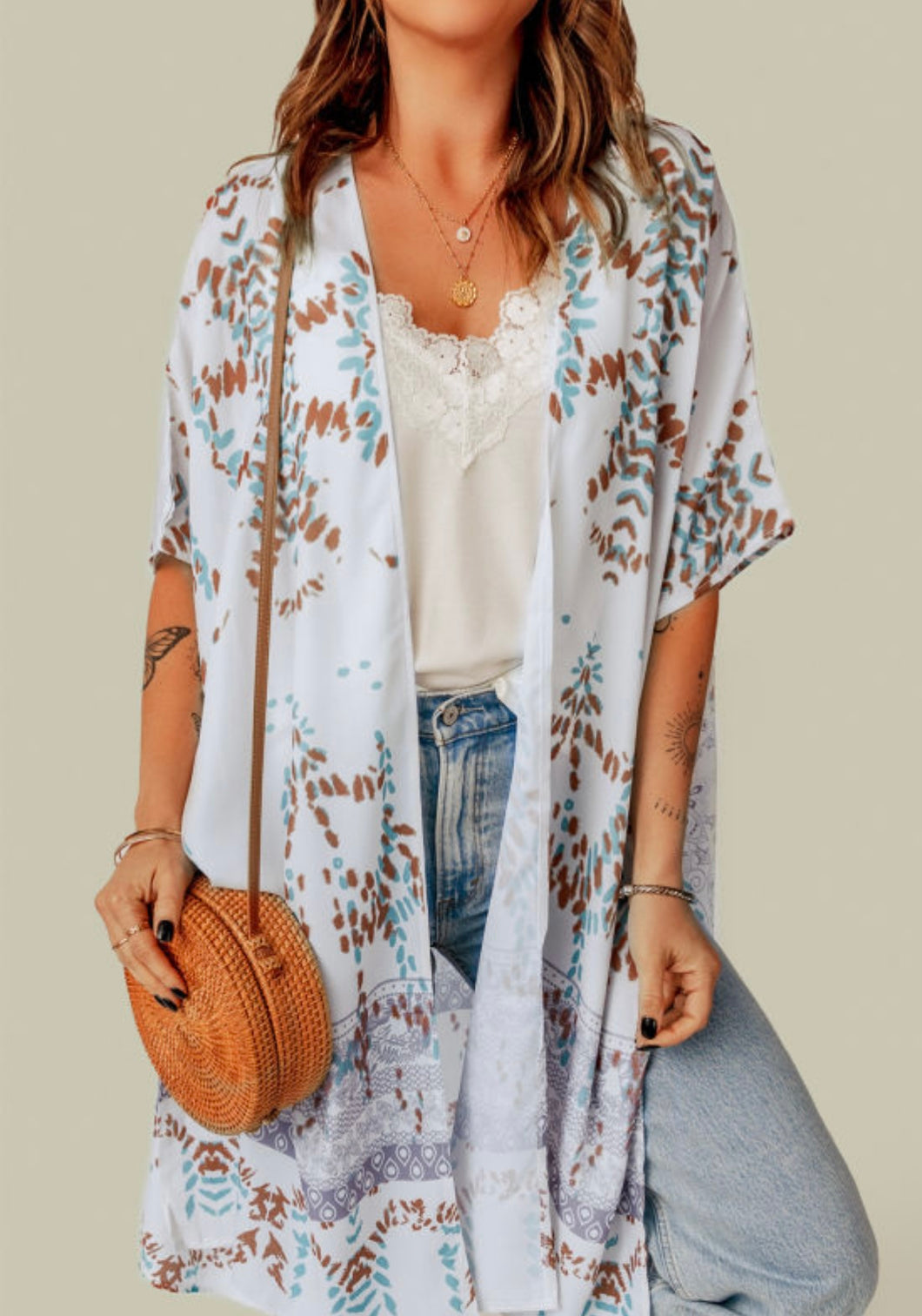White Color Printed Kimono