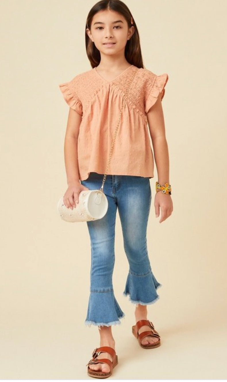Girls Salmon Swiss Dot Smocked Top