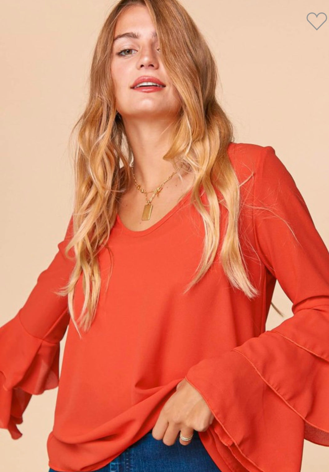 Rust V-Neck Tiered Ruffle Detail Sleeve Top