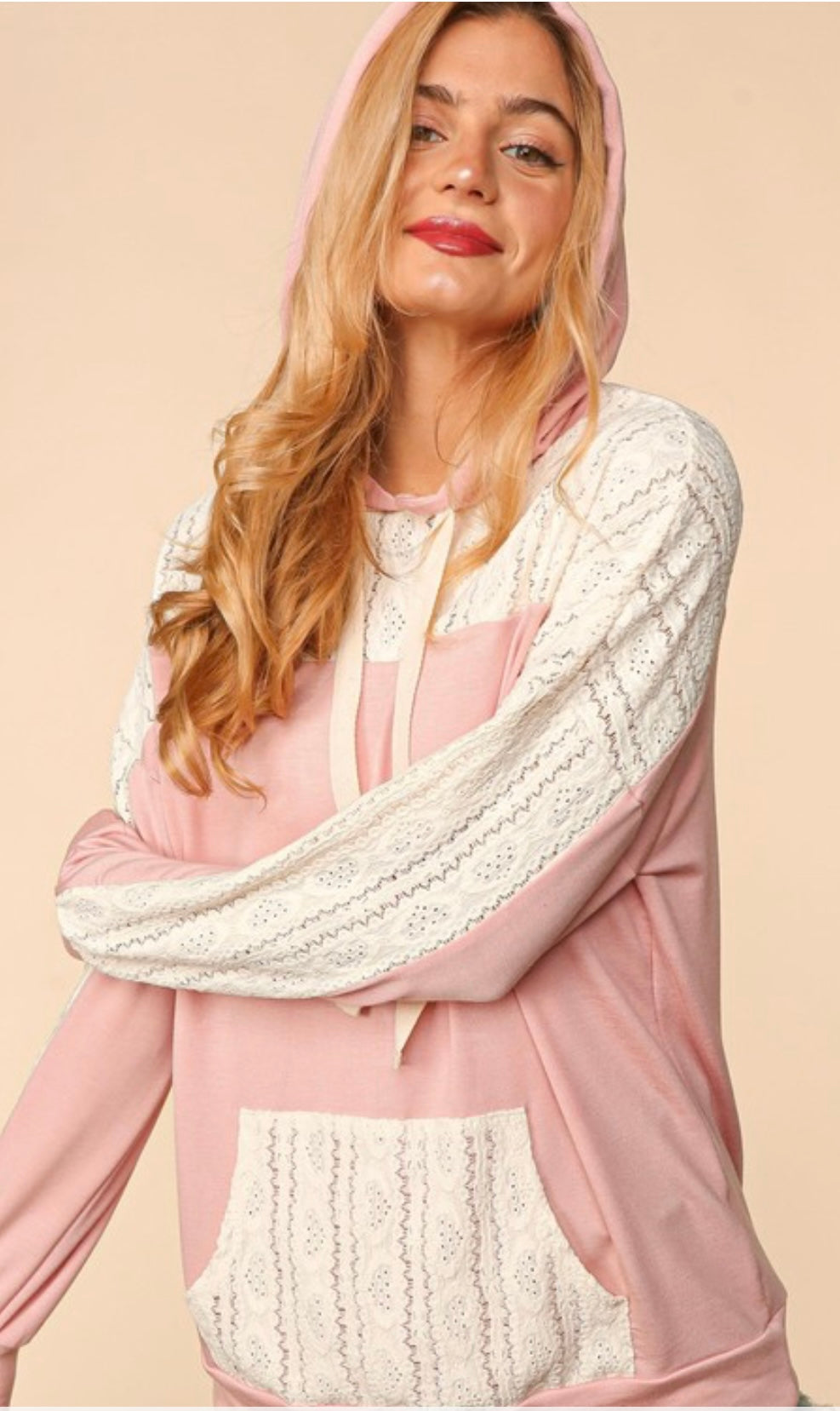 Cream and Blush Eyelet Detail Hoodie